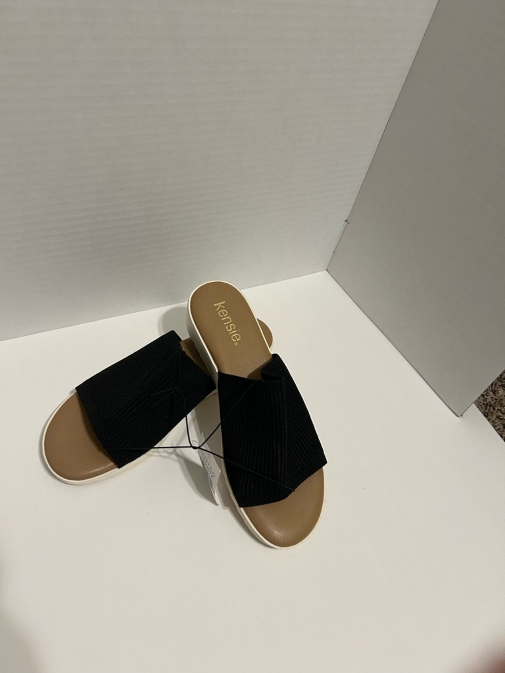 Kensie Black Knit Slide Sandals with Tan Insole